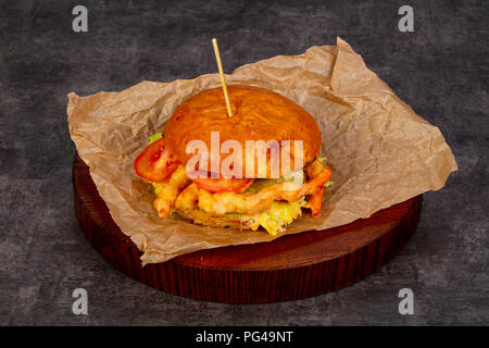 Burger with prawn and tomatoes Stock Photo