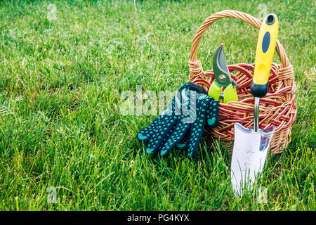 Small hand garden trowel, pruner and gloves with wicker basket in green grass. Garden tools and equipment Stock Photo