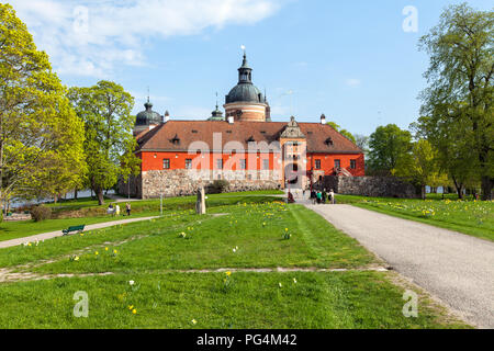 GRIPSHOLM CASTLE, SWEDEN ON MAY 11, 2018. View of the entry to the castle in springtime. Park, unidentified people. Editorial Stock Photo
