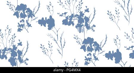 Floral seamless pattern with different flowers and leaves silhouettes. Botanical illustration  hand painted. Textile print, fabric swatch, wrapping pa Stock Vector