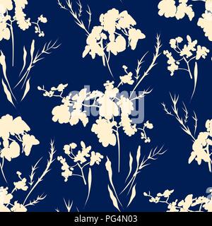 Floral seamless pattern with different flowers and leaves silhouettes. Botanical illustration  hand painted. Textile print, fabric swatch, wrapping pa Stock Vector