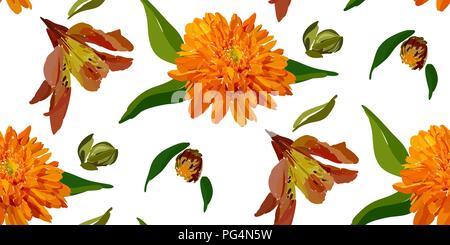 Floral seamless pattern with aster and lily flowers and leaves. Botanical illustration  hand painted. Textile print, fabric swatch, wrapping paper. Stock Vector