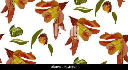 Floral seamless pattern with lily flowers and leaves. Botanical illustration  hand painted. Textile print, fabric swatch, wrapping paper. Stock Vector