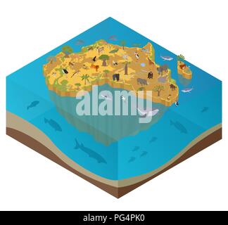 Flat 3d isometric Africa flora and fauna map constructor elements. Animals, birds and sea life isolated on white big set. Build your own geography inf Stock Vector