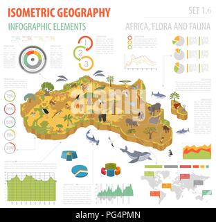 Flat 3d isometric Africa flora and fauna map constructor elements. Animals, birds and sea life isolated on white big set. Build your own geography inf Stock Vector