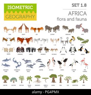 Flat 3d isometric Africa flora and fauna map constructor elements. Animals, birds and sea life isolated on white big set. Build your own geography inf Stock Vector