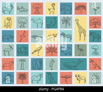 Flat African flora and fauna  elements. Animals, birds and sea life simple line icon set. Vector illustration Stock Vector