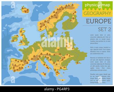 Flat Europe physical map constructor elements on the water surface. Build your own geography infographics collection. Vector illustration Stock Vector