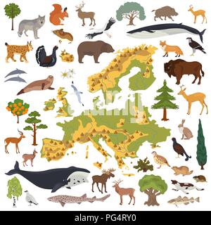 Flat European flora and fauna map constructor elements. Animals, birds ...