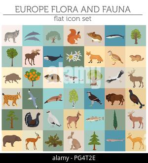 Flat European flora and fauna map constructor elements. Animals, birds and sea life isolated on white big set. Build your own geography infographics c Stock Vector