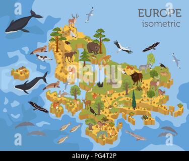 Isometric 3d European flora and fauna map constructor elements. Animals, birds and sea life isolated on white big set. Build your own geography infogr Stock Vector