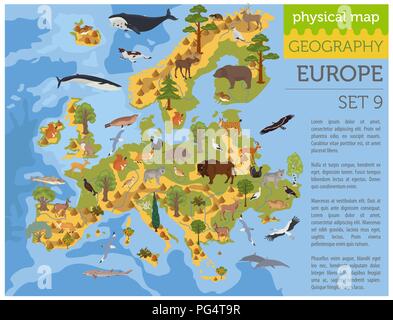 Flat European flora and fauna map constructor elements. Animals, birds and sea life isolated on white big set. Build your own geography infographics c Stock Vector