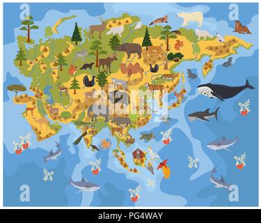 Flat Asian flora and fauna map constructor elements. Animals, birds and sea life isolated on white big set. Build your own geography infographics coll Stock Vector