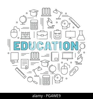 The word EDUCATION surrounded by icons. Vector background illustration. Stock Vector