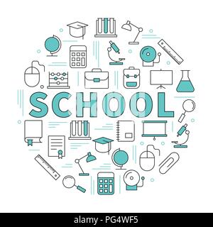 The word SCHOOL surrounded by icons. Vector background illustration. Stock Vector