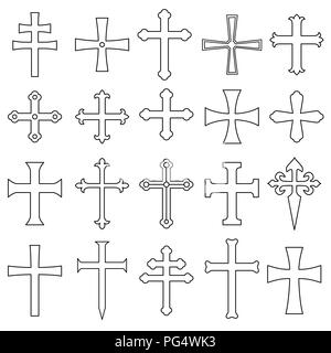 Christian crosses icons set outline. Different forms. Isolated on a white background. Vector illustration. Stock Vector