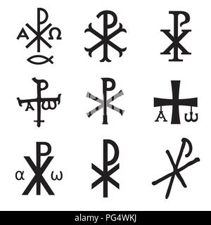 Christian symbols icons set. Glossy Chi Rho, Christogram, Chrismon, Labarum symbols set. Stock Vector