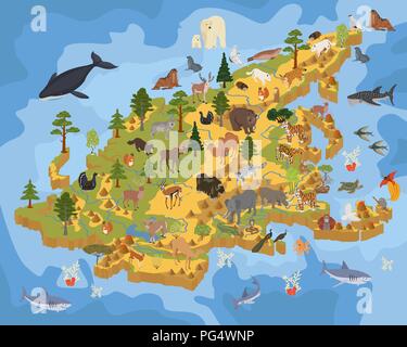 Isometric 3d Asian flora and fauna map constructor elements. Animals, birds and sea life isolated on white big set. Build your own geography infograph Stock Vector
