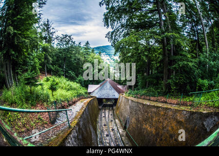 Old railroad for funicular in the mountains Stock Photo