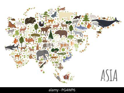 Flat Asian flora and fauna map constructor elements. Animals, birds and sea life isolated on white big set. Build your own geography infographics coll Stock Vector