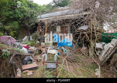 An old Federation home in Hornsby New South Wales, with rubbish and plants overgrown in its front yard Stock Photo