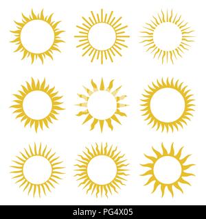 Rays, beams element. Sunburst, starburst shape on white. Radiating, radial, merging lines. Abstract circular geometric shape. Vector set collection. Stock Vector