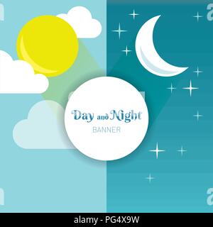 Day and Night layout. Sun, moon, stars and clouds banner. Weather background. Forecast concept banner. Daytime poster. Stock Vector