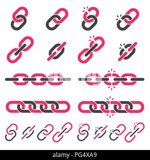 Chain or link icons set. Broken or closed segment, vector illustration Stock Vector