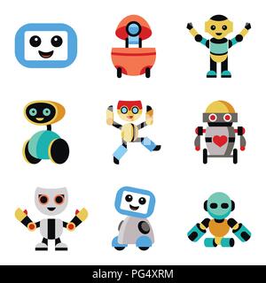 Digital vector companion robots icons set with drawn simple line art info graphic, flat style Stock Vector