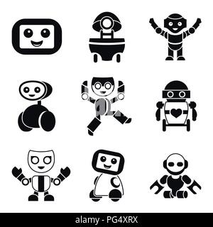 Digital vector companion robots icons set with drawn simple line art info graphic, flat style Stock Vector