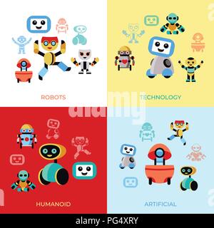 Digital vector companion robots icons set with drawn simple line art info graphic, flat style Stock Vector