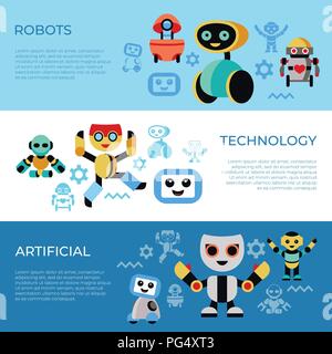 Digital vector companion robots icons set with drawn simple line art info graphic, flat style Stock Vector