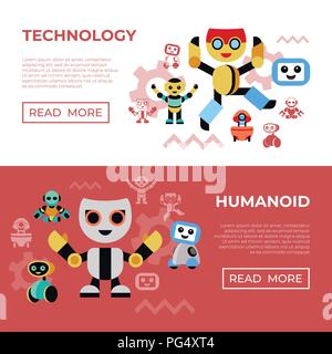 Digital vector companion robots icons set with drawn simple line art info graphic, flat style Stock Vector