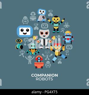 Digital vector companion robots icons set with drawn simple line art info graphic, flat style Stock Vector