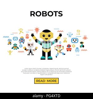Digital vector companion robots icons set with drawn simple line art info graphic, flat style Stock Vector