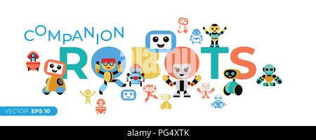 Digital vector companion robots icons set with drawn simple line art info graphic, flat style Stock Vector