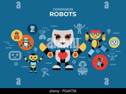 Digital vector companion robots icons set with drawn simple line art info graphic, flat style Stock Vector