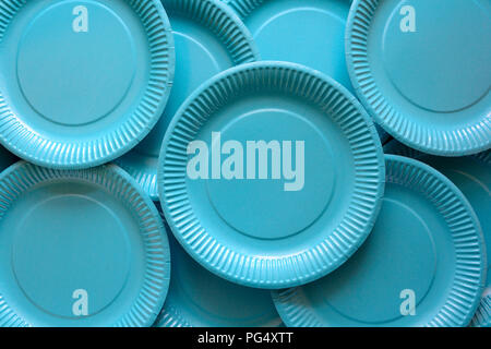 Table setting with paper ware for summer picnic or BBQ. Top view. Flat lay. Stock Photo