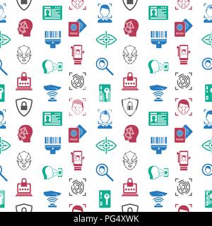 Digital vector facial recognition icons set seamless pattern with drawn simple line art info graphic, flat style Stock Vector