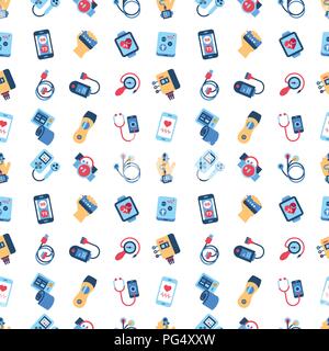 Digital vector health sensor icons set seamless pattern with drawn simple line art info graphic, flat style Stock Vector