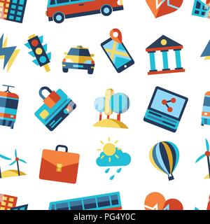 Digital vector smart city icons set seamless pattern with drawn simple line art info graphic, flat style Stock Vector