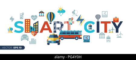 Digital vector smart city icons set with drawn simple line art info graphic, flat style Stock Vector