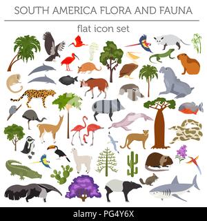 South America flora and fauna flat elements. Animals, birds and sea life big set. Build your geography infographics collection. Vector illustration Stock Vector