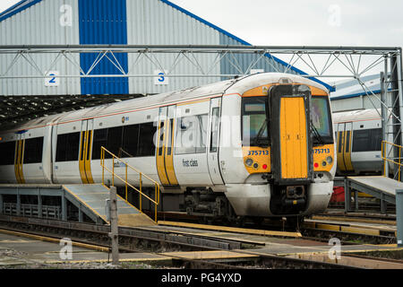 Class 375 passenger train in Southeastern livery in a railway depot in England. Stock Photo