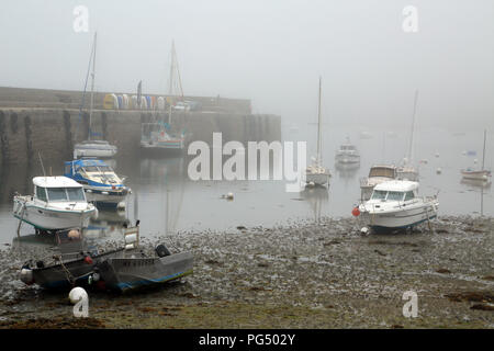 Fog and low tide in the marina at Quai Charles de Gaulle, Roscoff, Finistere, Brittany, France Stock Photo