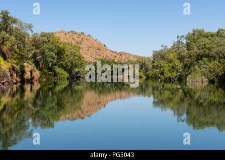 Australia, Western Australia, Kimberley Coast, between Wyndham and Kununurra, Ord River. Riverbank reflections of wetland habitat along the Ord River. Stock Photo