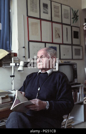 The writer Bohumil Hrabal in the studio of the Czech artist Jiri Kolar in Paris. Stock Photo
