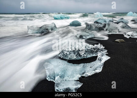 Iceblocks at the black sand beach, Jokulsarlon glacier Stock Photo