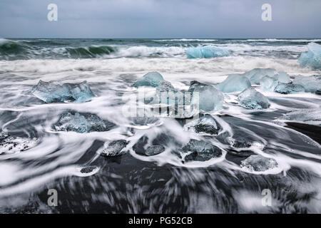 Iceblocks at the black sand beach, Jokulsarlon glacier Stock Photo