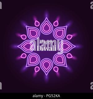 Happy Diwali, banner in bright Neon style. Vector illustration of Neon Rangoli with illumination, Diwali Festival of Lights. Indian holiday of Lights, Stock Vector